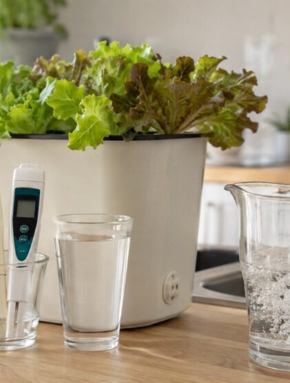Jarra llenándose con agua del grifo junto a medidores de pH y EC y un cultivo hidropónico doméstico