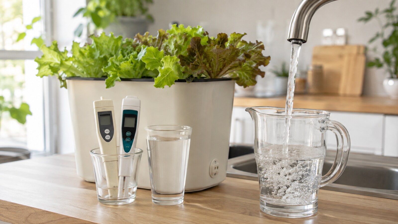 Jarra llenándose con agua del grifo junto a medidores de pH y EC y un cultivo hidropónico doméstico