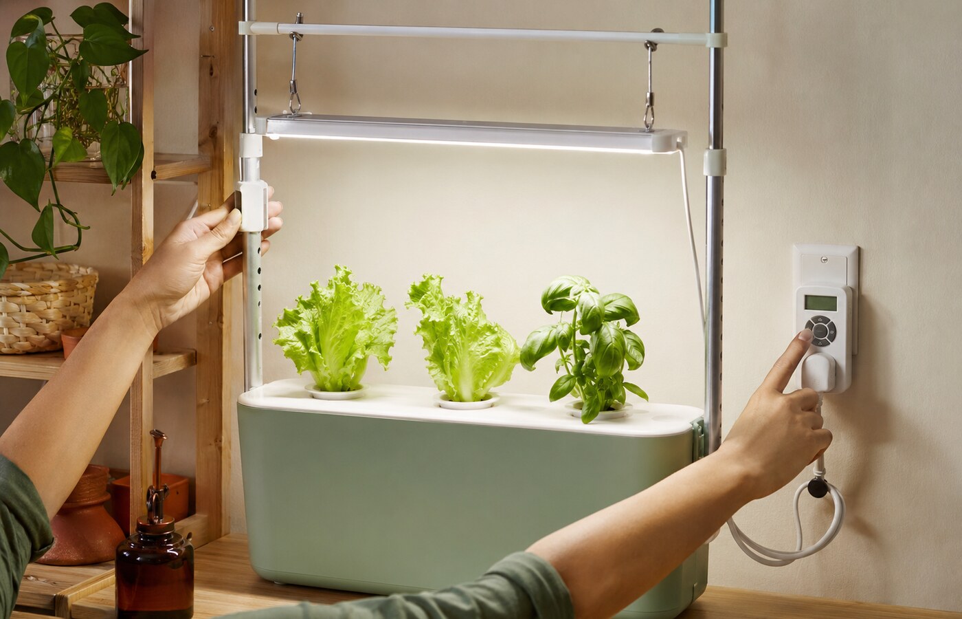 Ajuste de la altura y el temporizador de una luz LED sobre un pequeño cultivo hidropónico