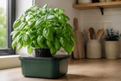 Planta adulta de albahaca hidropónica cultivada en un depósito opaco junto a una ventana