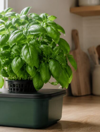 Planta adulta de albahaca hidropónica cultivada en un depósito opaco junto a una ventana