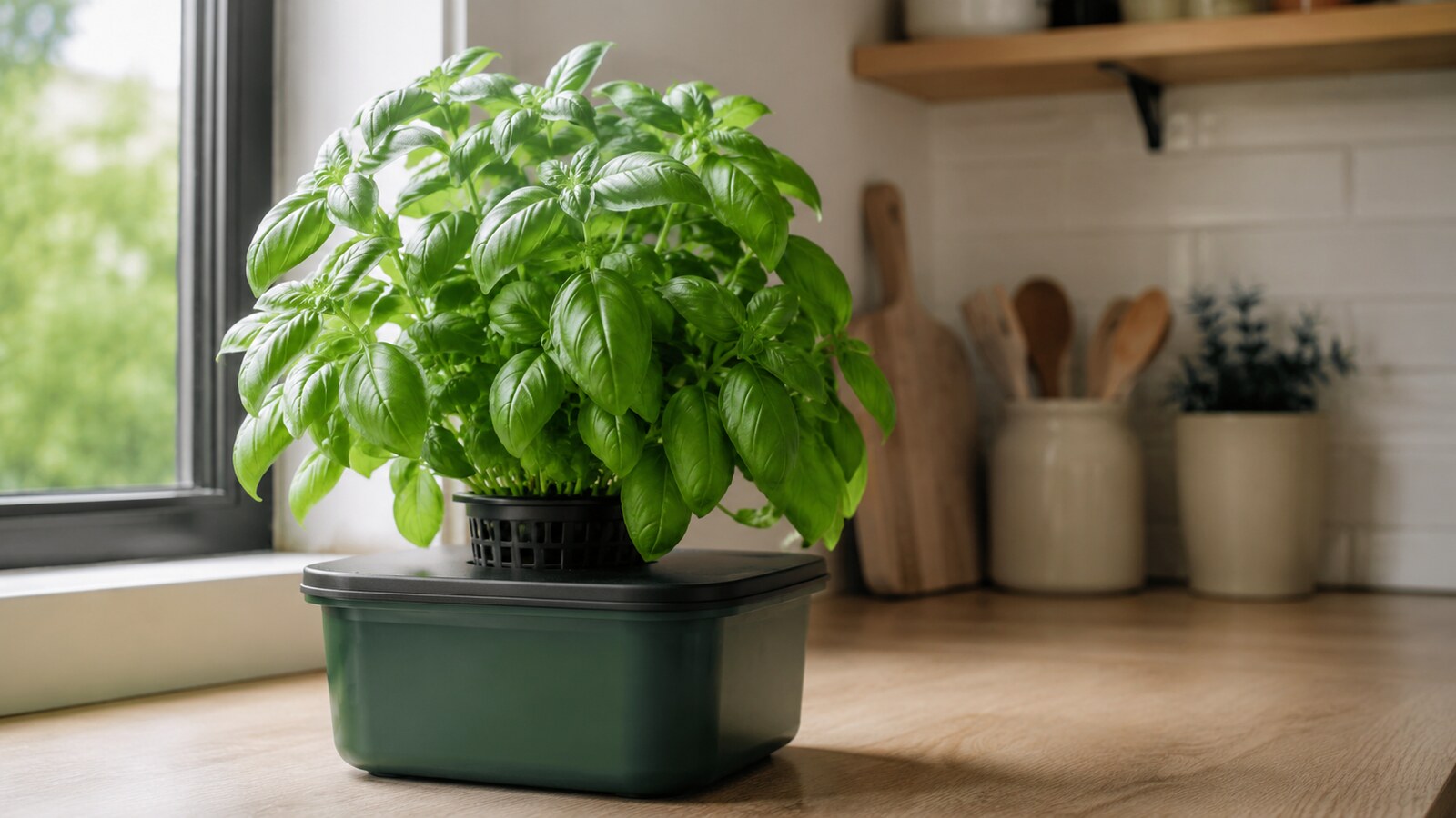 Planta de albahaca hidropónica en un depósito Kratky junto a una ventana