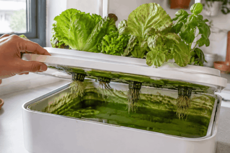 Depósito hidropónico doméstico con agua verde y algas alrededor de las macetas de rejilla.