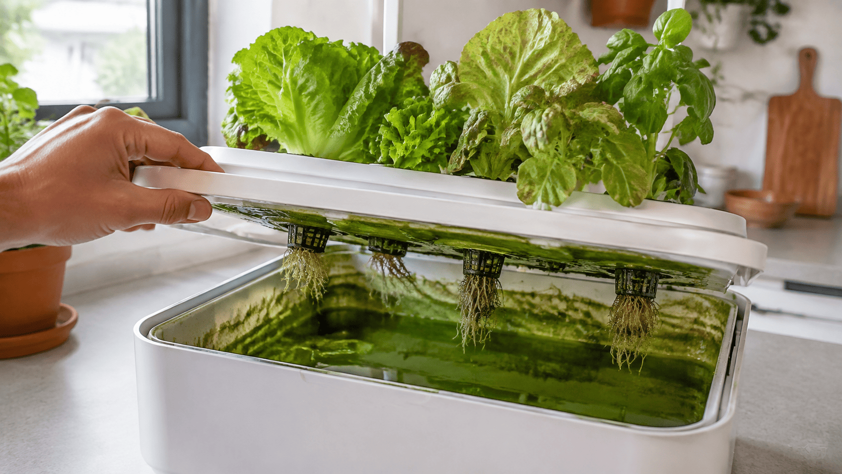 Depósito hidropónico doméstico con agua verde y algas alrededor de las macetas de rejilla