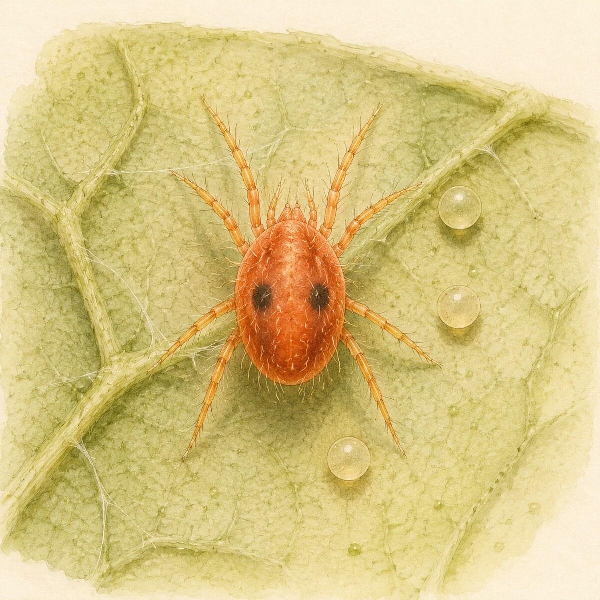 Ilustración científica de una araña roja de ocho patas con huevos y telarañas sobre una hoja