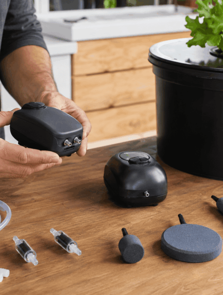 Persona comparando bombas de aire, tubos, válvulas y diferentes piedras difusoras junto a un sistema DWC doméstico