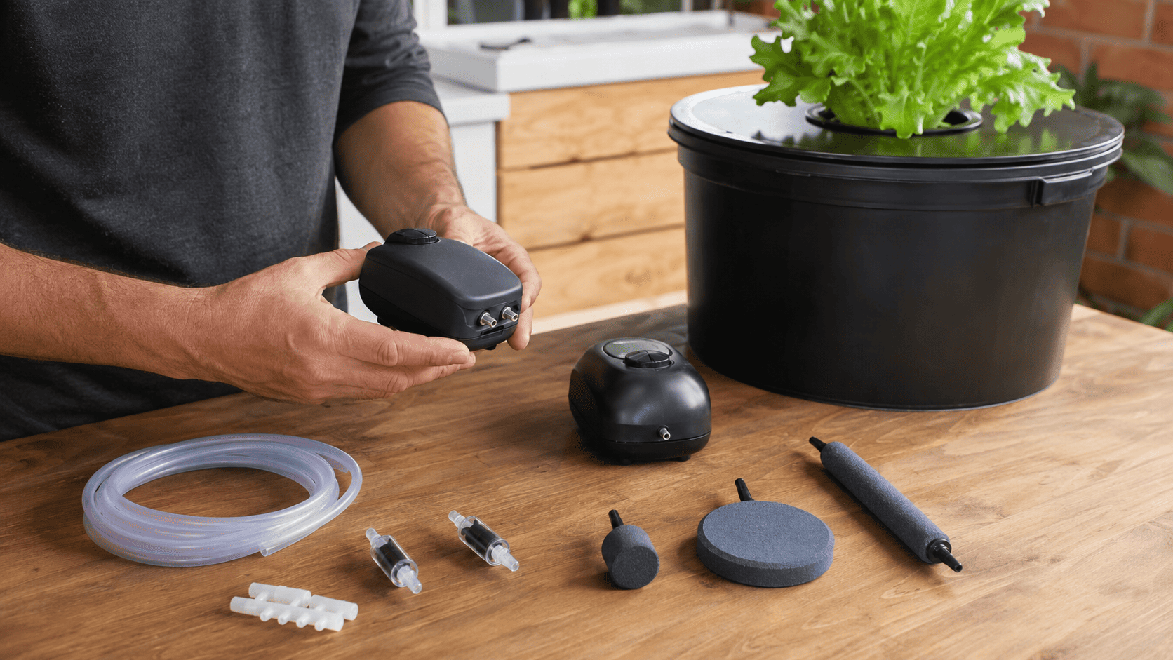 Persona comparando bombas de aire, tubos, válvulas y diferentes piedras difusoras junto a un sistema DWC doméstico