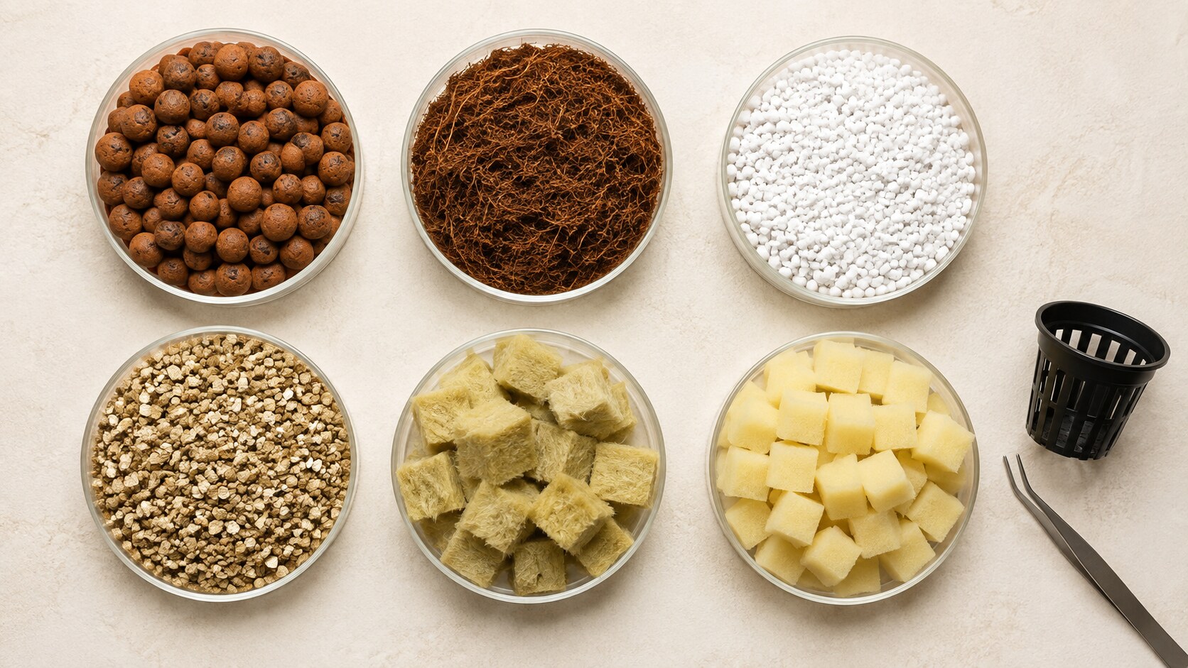Comparación visual de esponja, lana de roca, arlita, fibra de coco, perlita y vermiculita