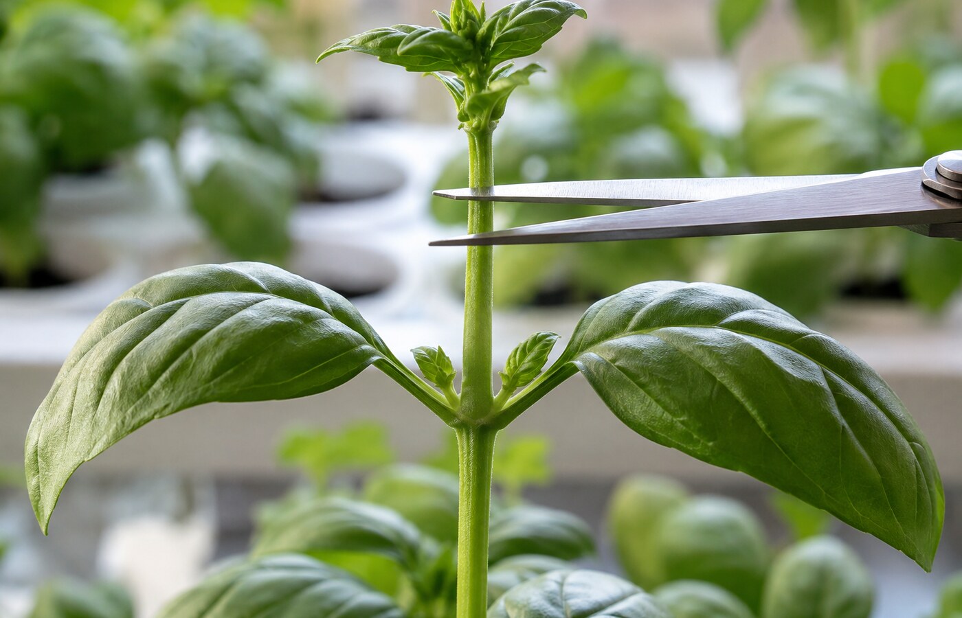 Tijeras colocadas sobre un nudo de albahaca, con flechas visuales que indican los brotes laterales que quedarán en la planta tras el corte
