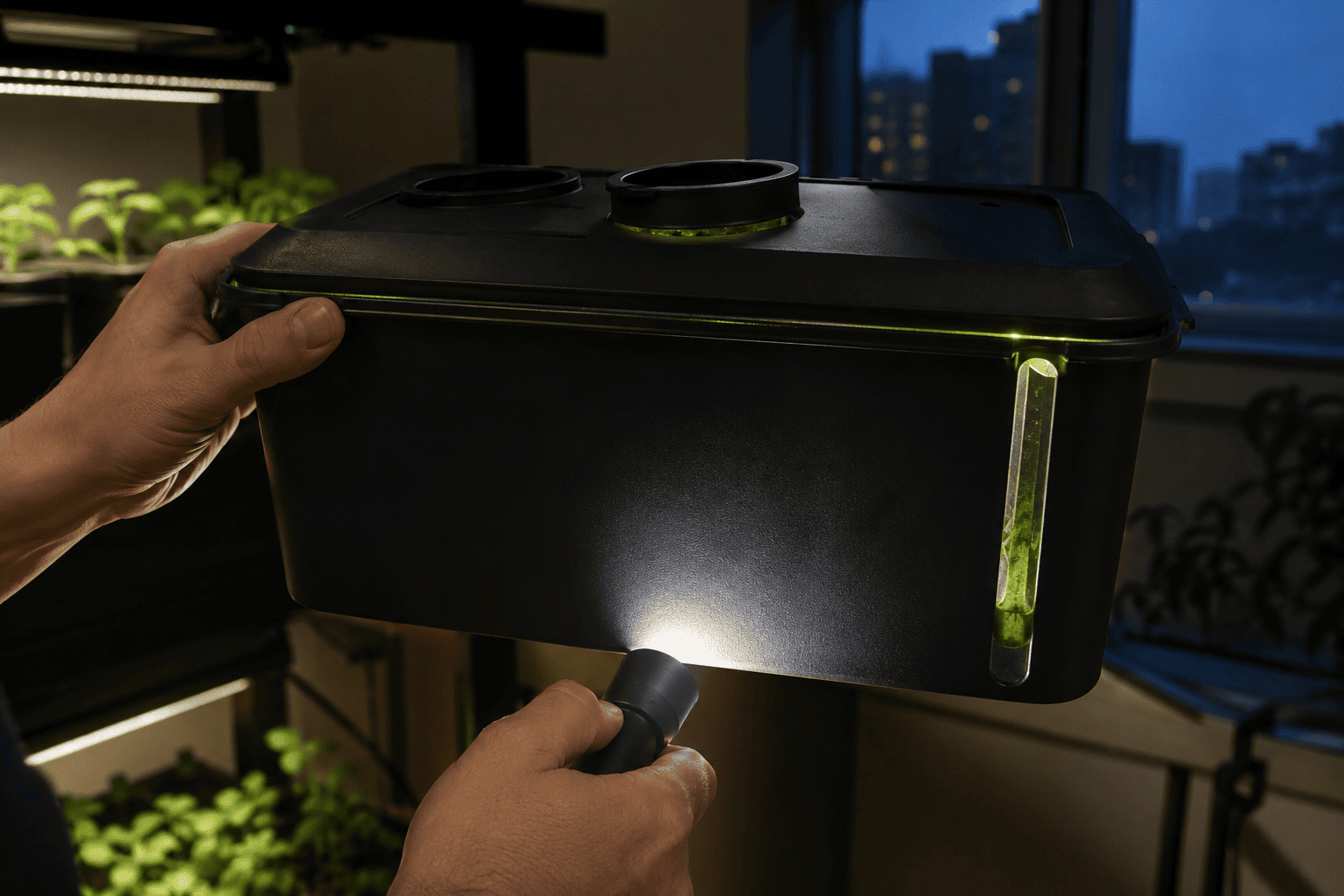 Prueba con linterna para detectar entradas de luz en la tapa y el tubo de nivel de un depósito hidropónico