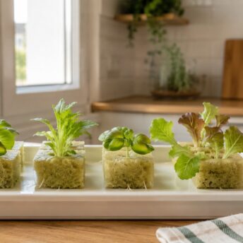 Semillero doméstico con plántulas de lechuga y albahaca para hidroponía