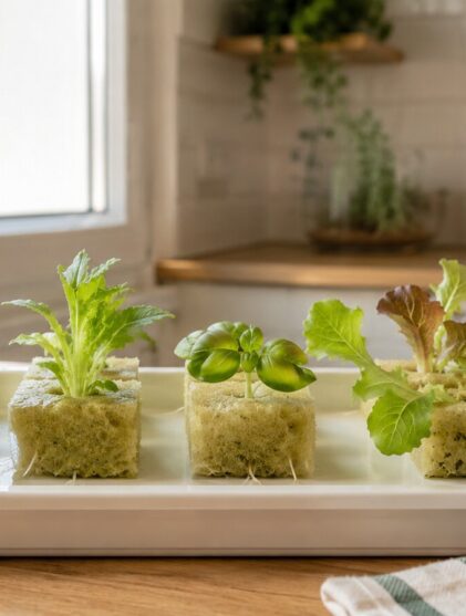 Semillero doméstico con plántulas de lechuga y albahaca para hidroponía