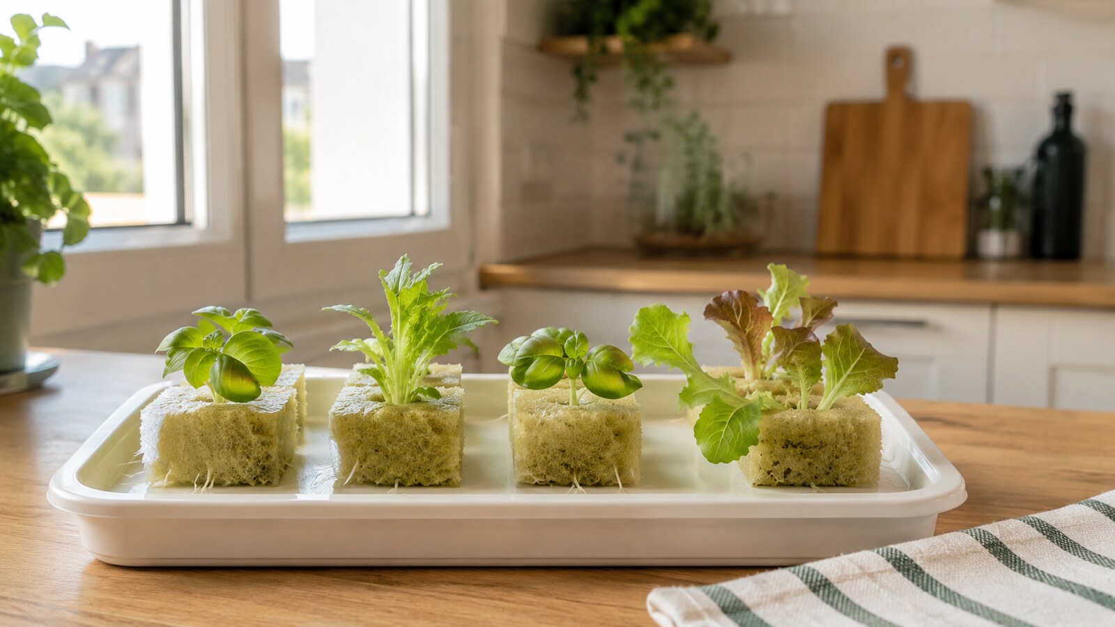 Semillero doméstico con plántulas de lechuga y albahaca para hidroponía