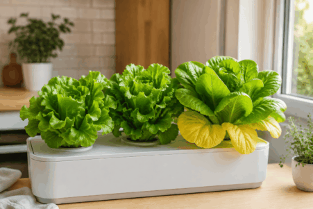 Lechuga hidropónica con hojas exteriores amarillas junto a otras lechugas verdes y sanas en un cultivo doméstico.