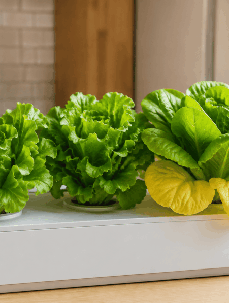 Lechuga hidropónica con hojas exteriores amarillas junto a otras lechugas verdes y sanas en un cultivo doméstico.