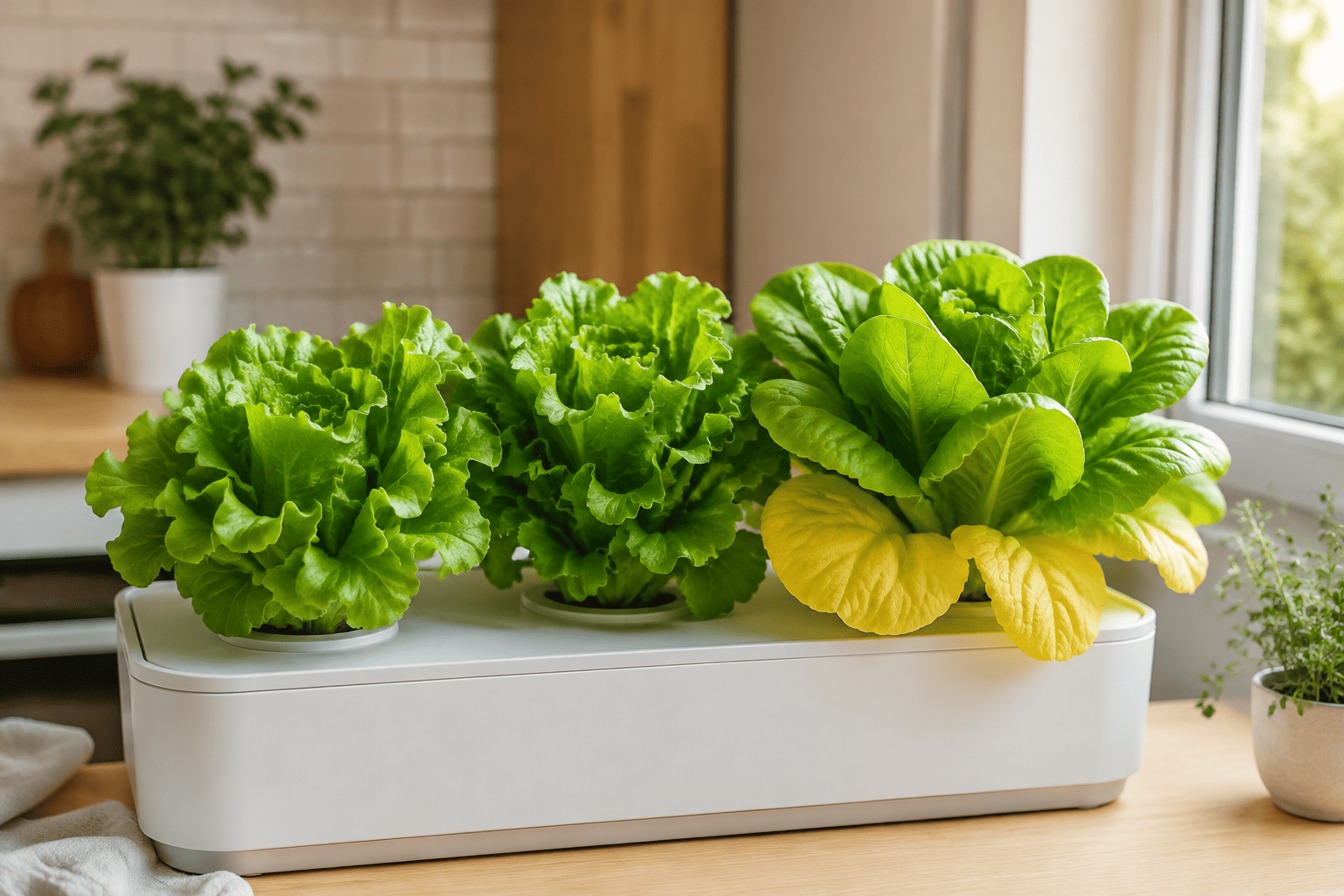 Lechuga hidropónica con hojas exteriores amarillas junto a otras lechugas verdes y sanas en un cultivo doméstico