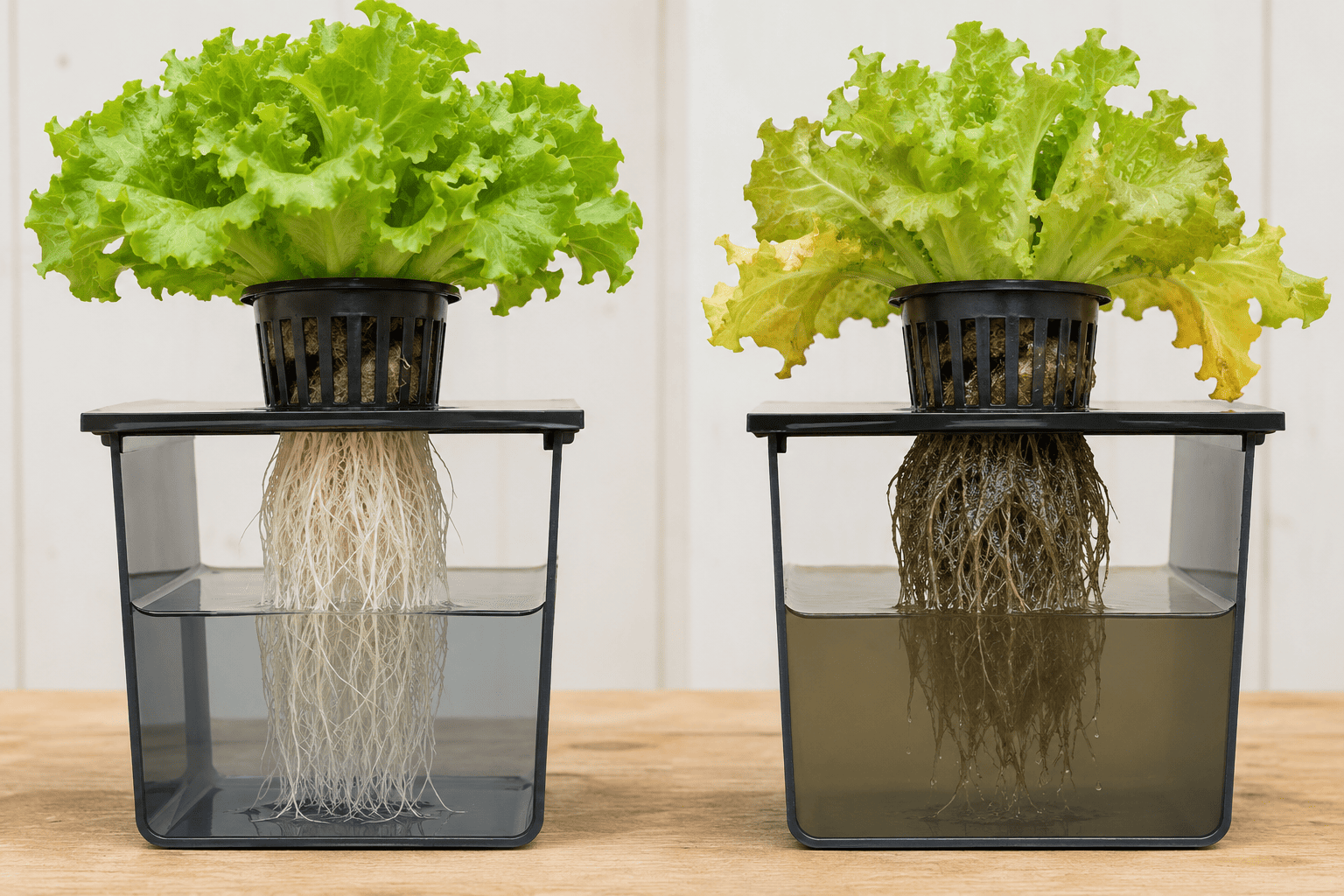 Comparación entre una lechuga hidropónica con raíces blancas y sanas y otra con raíces marrones y hojas amarillentas