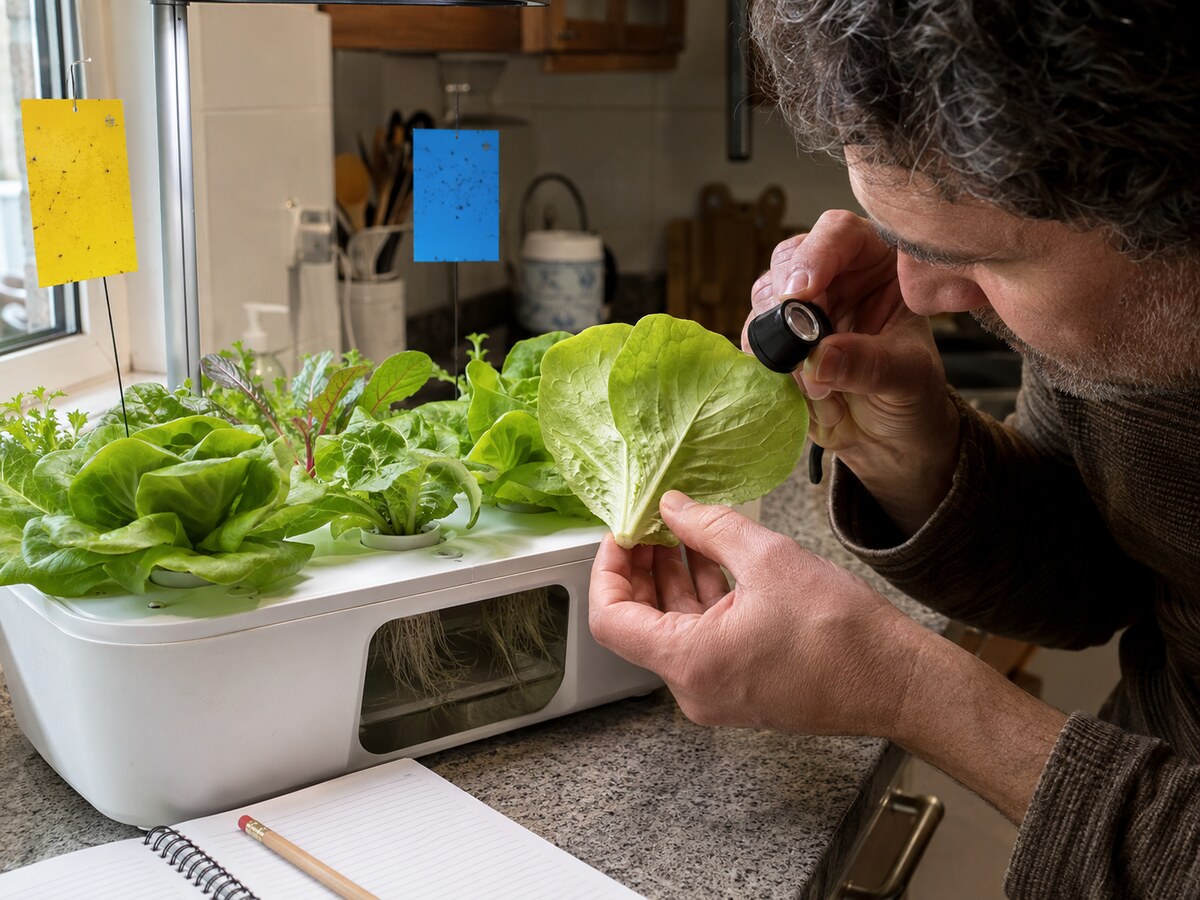Inspección del envés de una lechuga hidropónica con lupa y trampas cromáticas cercanas