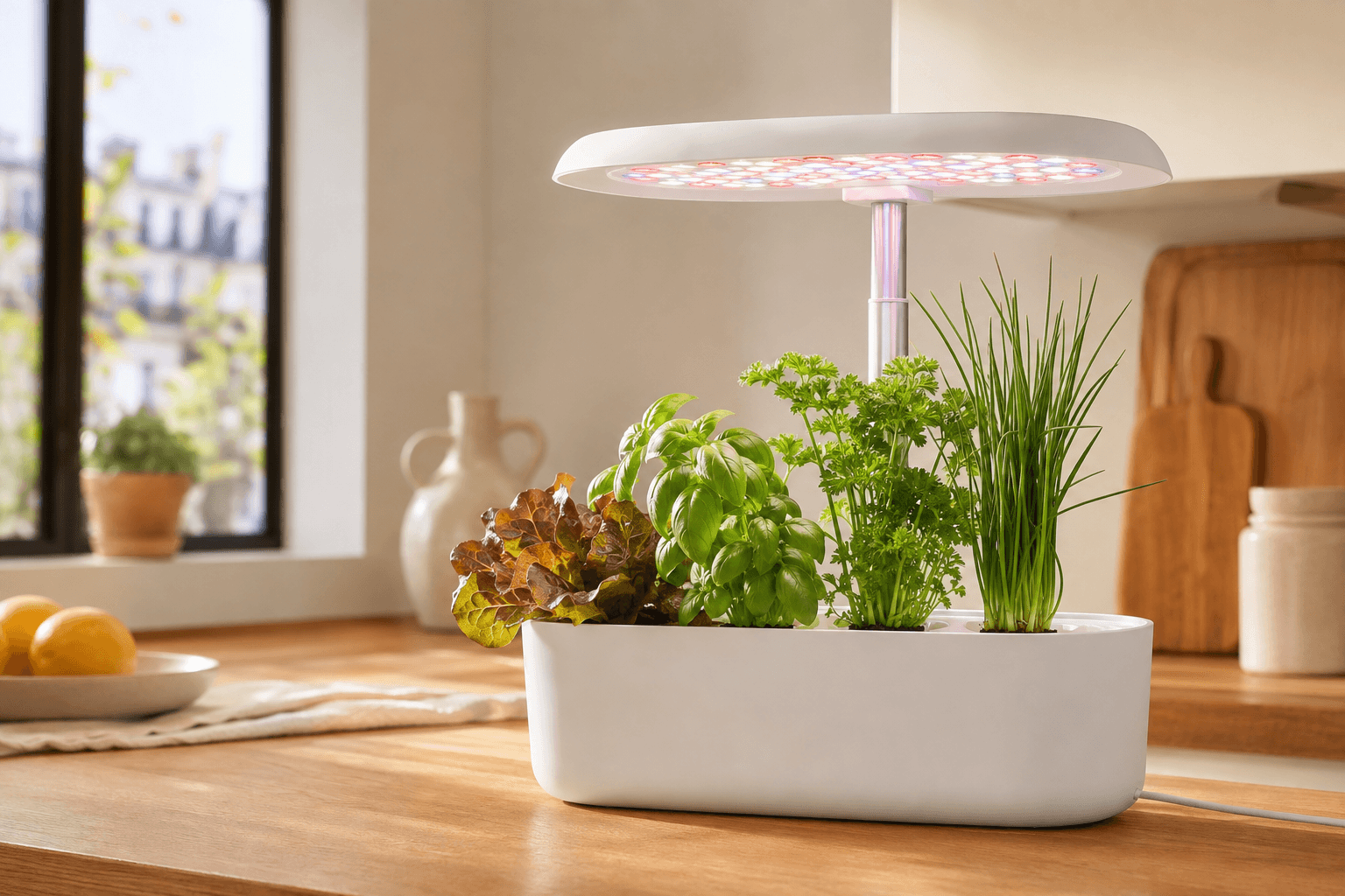 Kit hidropónico con luz LED utilizado en una cocina doméstica