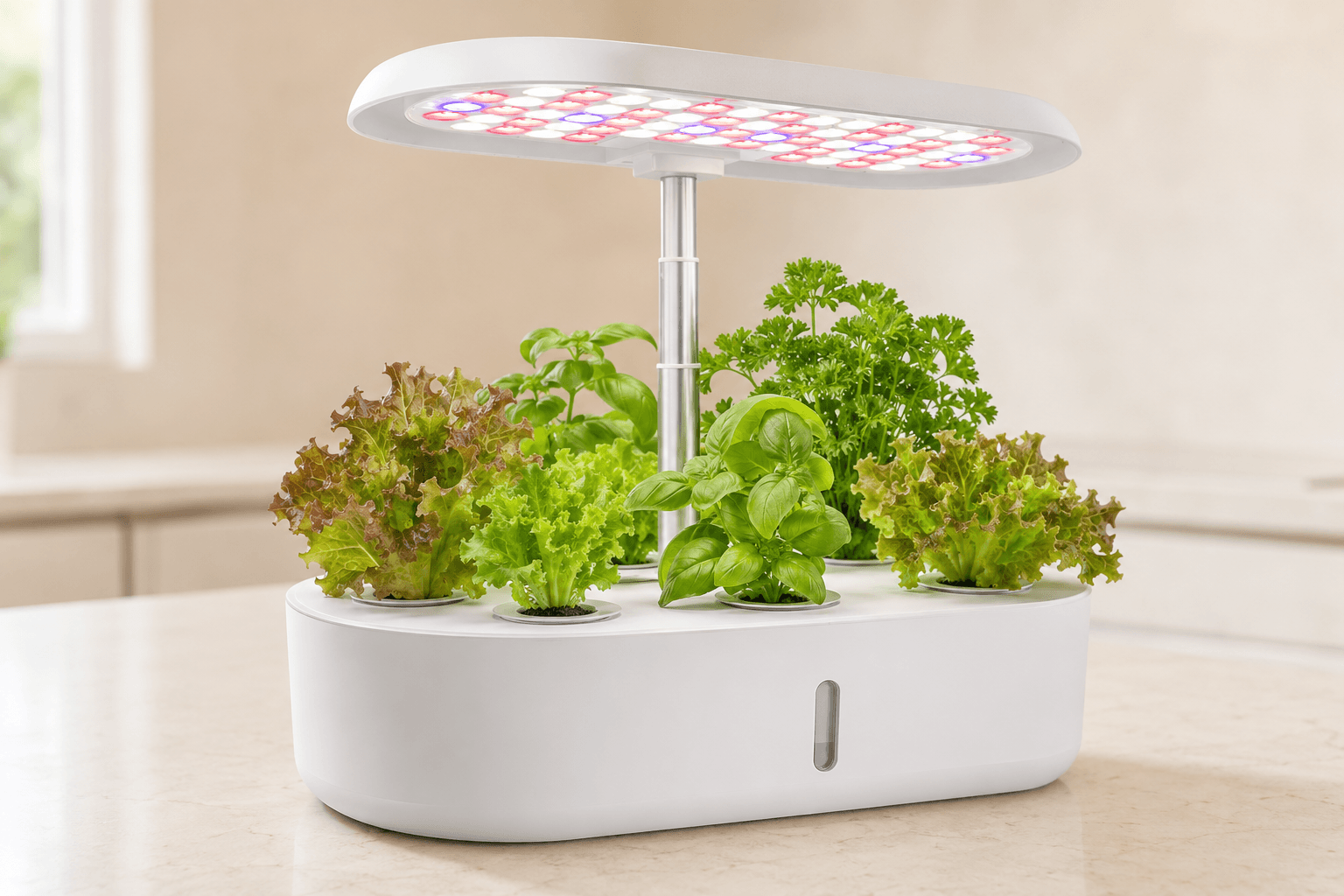 Detalle de un kit hidropónico doméstico con luz LED