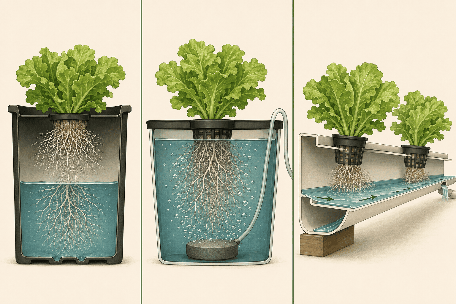 Comparación visual de raíces y circulación del agua en sistemas Kratky, DWC y NFT