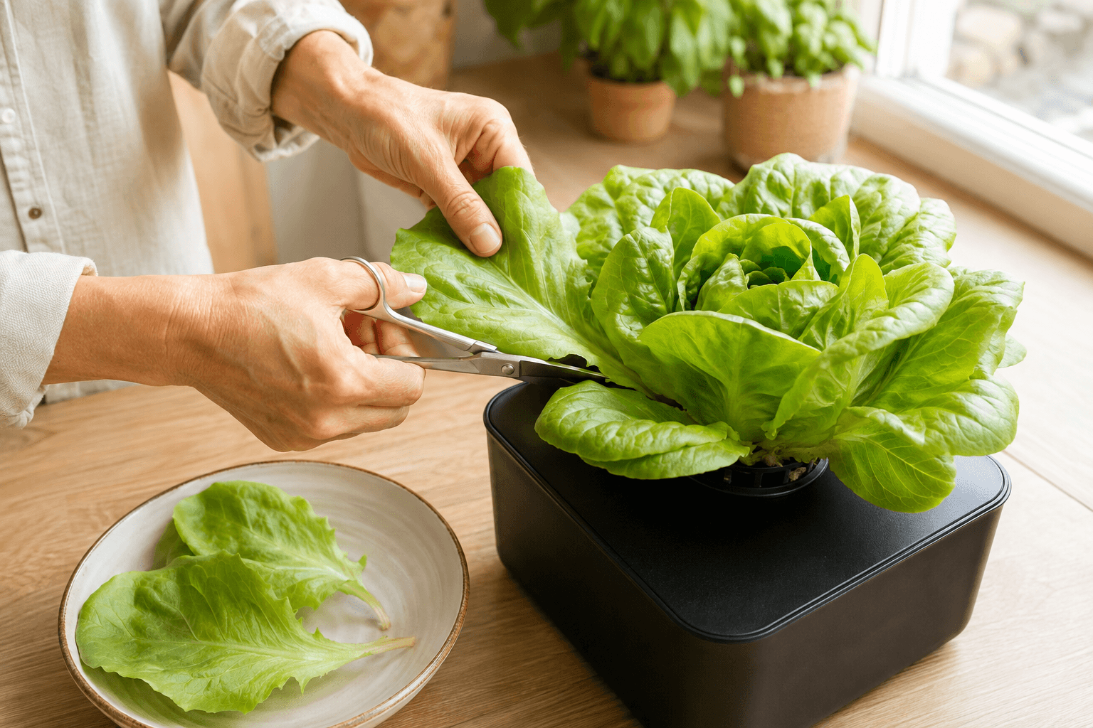Cosecha de las hojas exteriores de una lechuga hidropónica sin cortar el centro