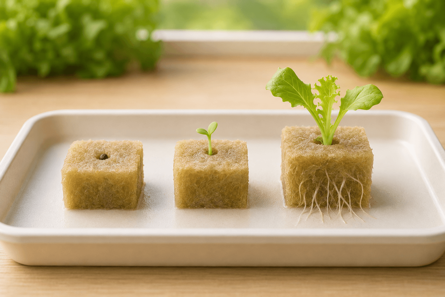 Etapas de germinación de una lechuga hidropónica desde la semilla hasta la plántula
