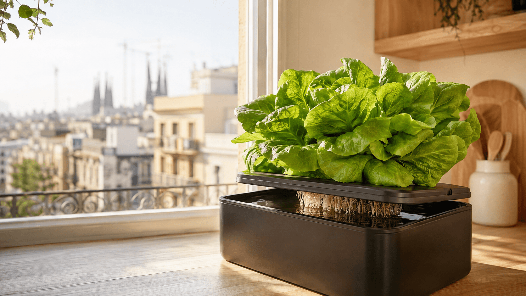 Lechugas hidropónicas cultivadas en casa junto a una ventana luminosa
