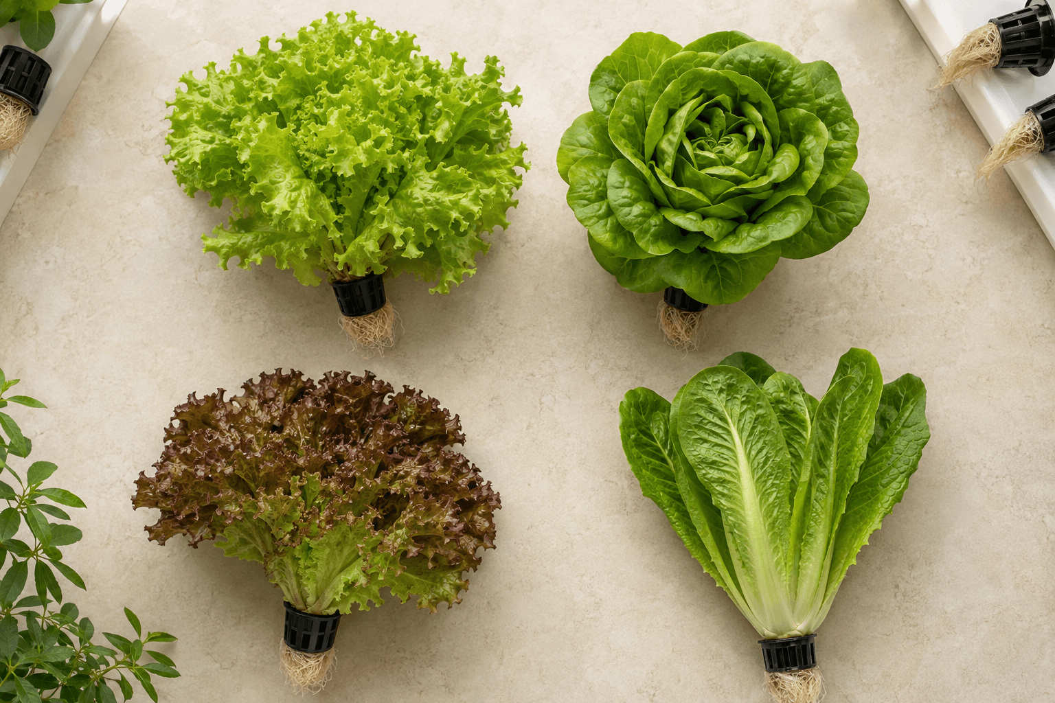 Cuatro variedades de lechuga hidropónica: hoja, mantecosa, batavia y romana