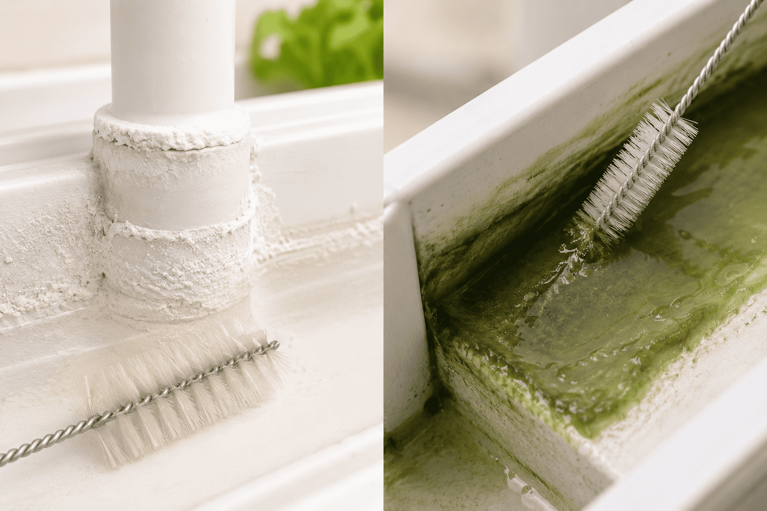 Comparación entre una costra mineral blanca y una acumulación verde de algas y biofilm en piezas de un sistema hidropónico