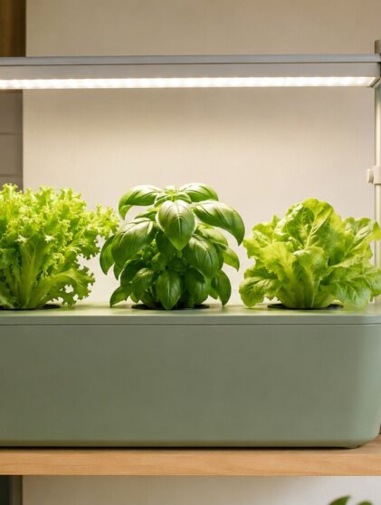 Luz LED de espectro completo iluminando lechugas y albahaca en un cultivo hidropónico doméstico