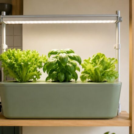 Luz LED de espectro completo iluminando lechugas y albahaca en un cultivo hidropónico doméstico