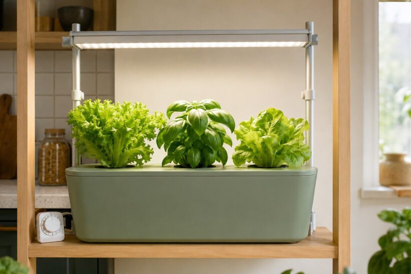 Luz LED de espectro completo iluminando lechugas y albahaca en un cultivo hidropónico doméstico