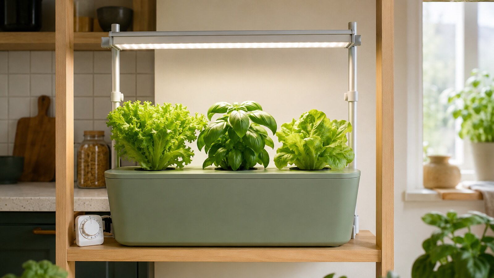 Luz LED de espectro completo iluminando lechugas y albahaca en un cultivo hidropónico doméstico