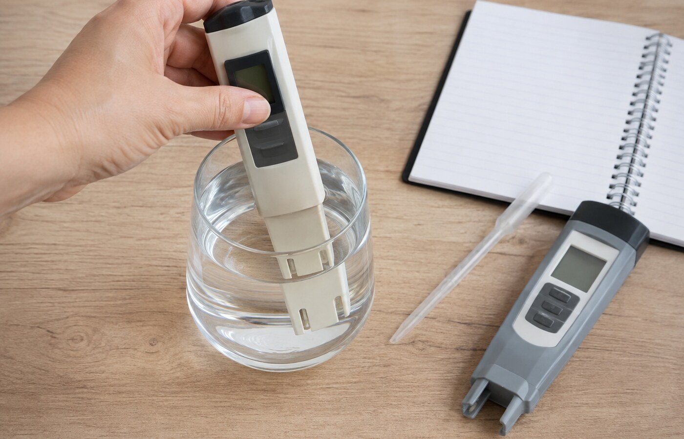 Medición de la conductividad EC de una muestra de agua del grifo antes de añadir nutrientes hidropónicos