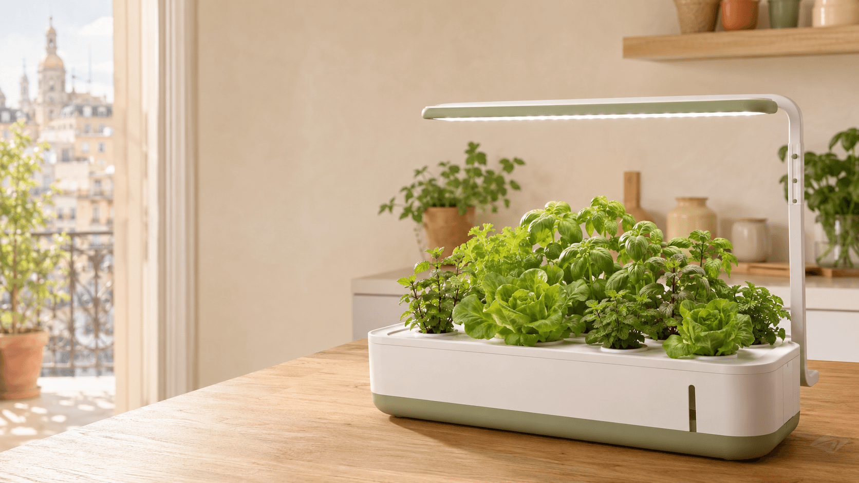 Huerto hidropónico doméstico con lechugas y aromáticas en una cocina luminosa