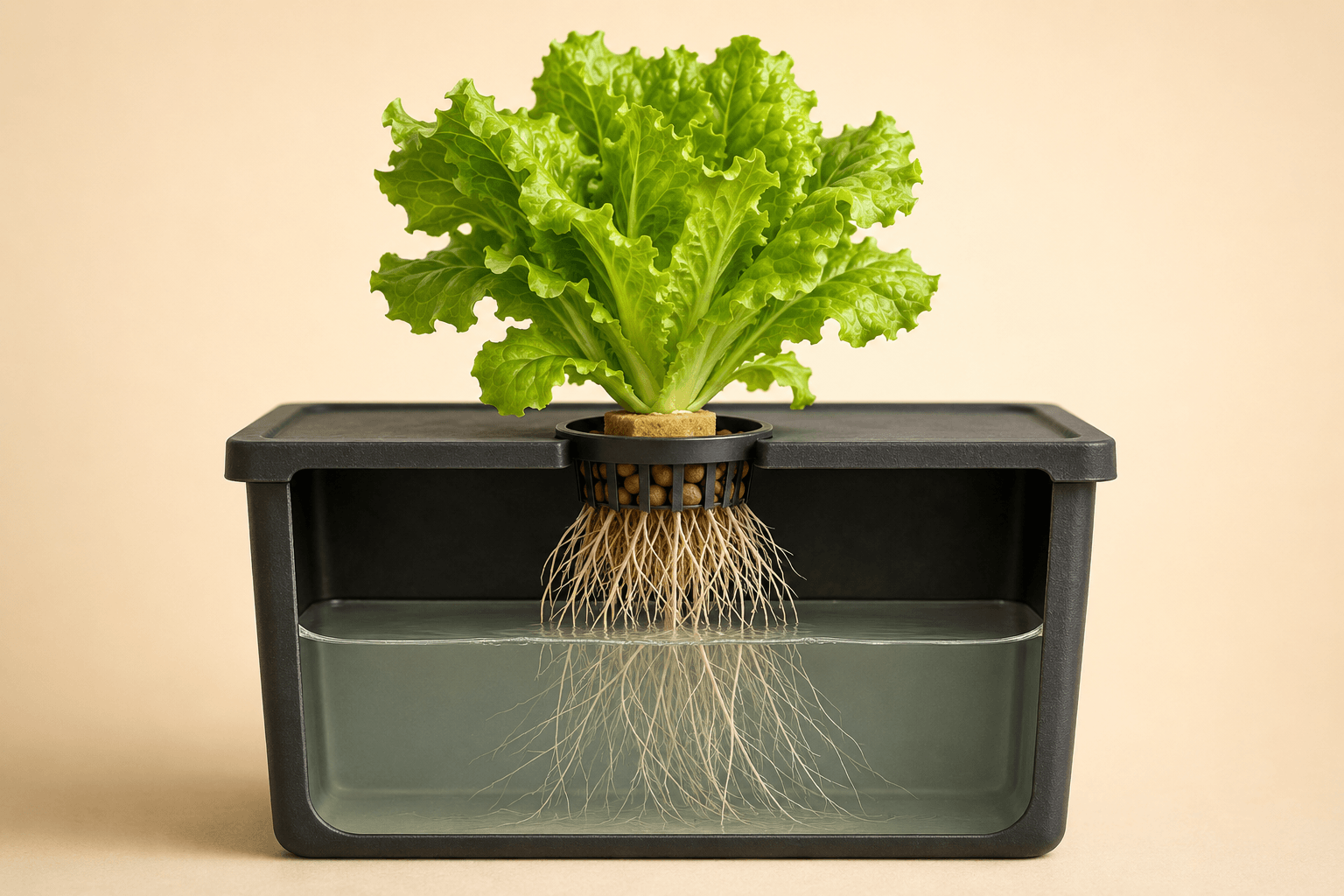 Sistema Kratky con cámara de aire y raíces en solución nutritiva
