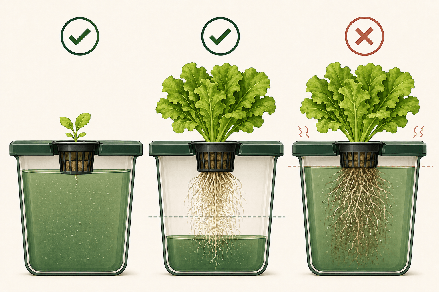 Comparación del nivel de agua correcto e incorrecto en tres etapas de un sistema hidropónico Kratky