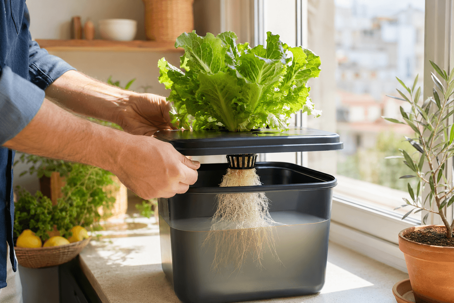 Revisión de raíces y nivel de solución en una lechuga cultivada con el método Kratky