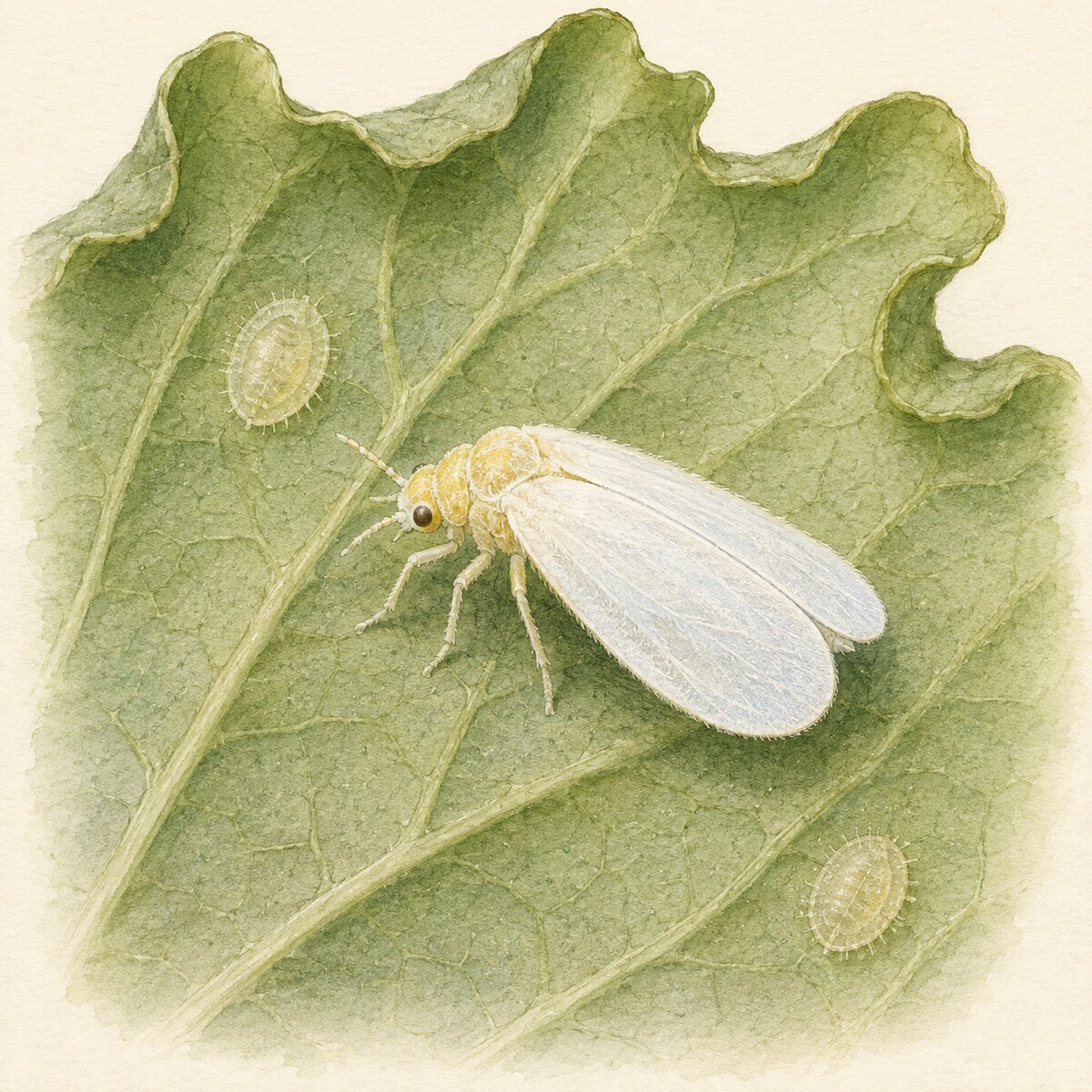 Ilustración científica de una mosca blanca adulta y dos ninfas bajo una hoja de lechuga