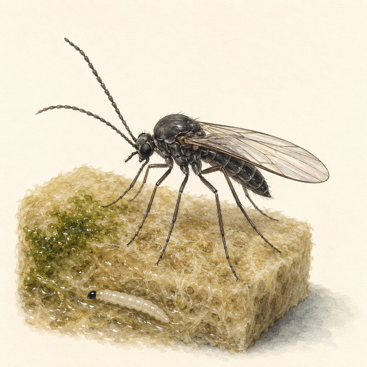 Ilustración científica de un mosquito del sustrato adulto y su larva sobre un taco de germinación