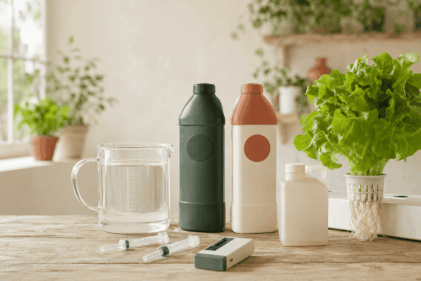 Nutrientes hidropónicos A y B junto a una lechuga y un depósito doméstico