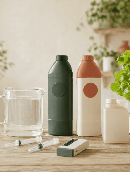 Nutrientes hidropónicos A y B junto a una lechuga y un depósito doméstico