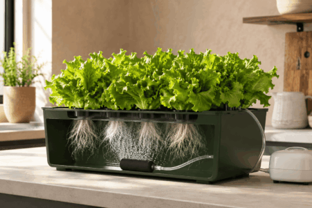 Sistema DWC doméstico con raíces de lechuga sumergidas y una piedra difusora produciendo burbujas