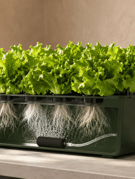 Sistema DWC doméstico con raíces de lechuga sumergidas y una piedra difusora produciendo burbujas
