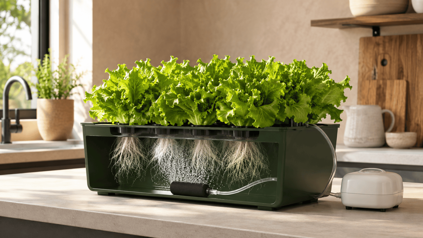 Sistema DWC doméstico con raíces de lechuga sumergidas y una piedra difusora produciendo burbujas