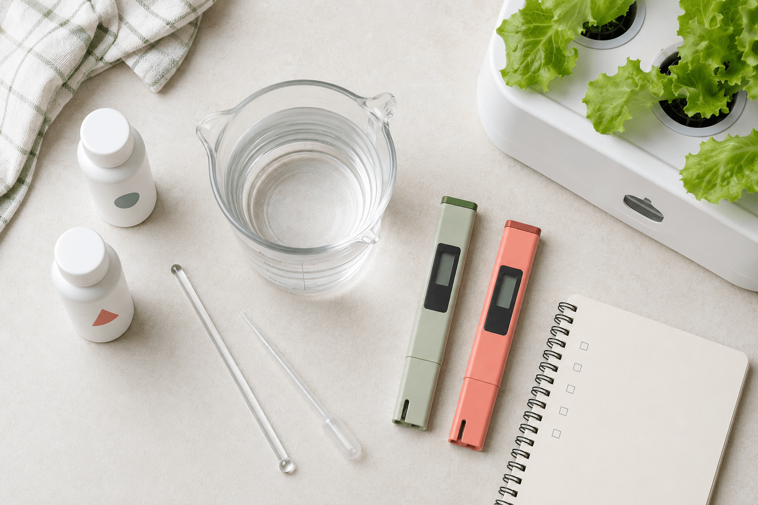 Medidores de pH y EC junto a una solución nutritiva hidropónica