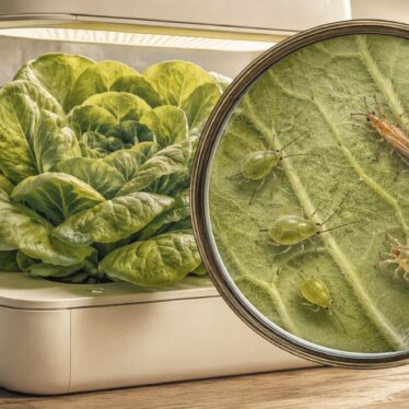 Inspección del envés de una lechuga hidropónica con lupa y trampas cromáticas cercanas