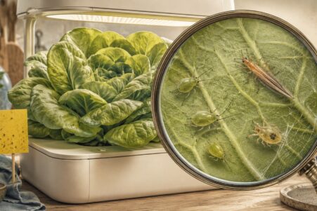 Inspección del envés de una lechuga hidropónica con lupa y trampas cromáticas cercanas