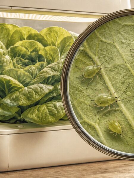 Inspección del envés de una lechuga hidropónica con lupa y trampas cromáticas cercanas